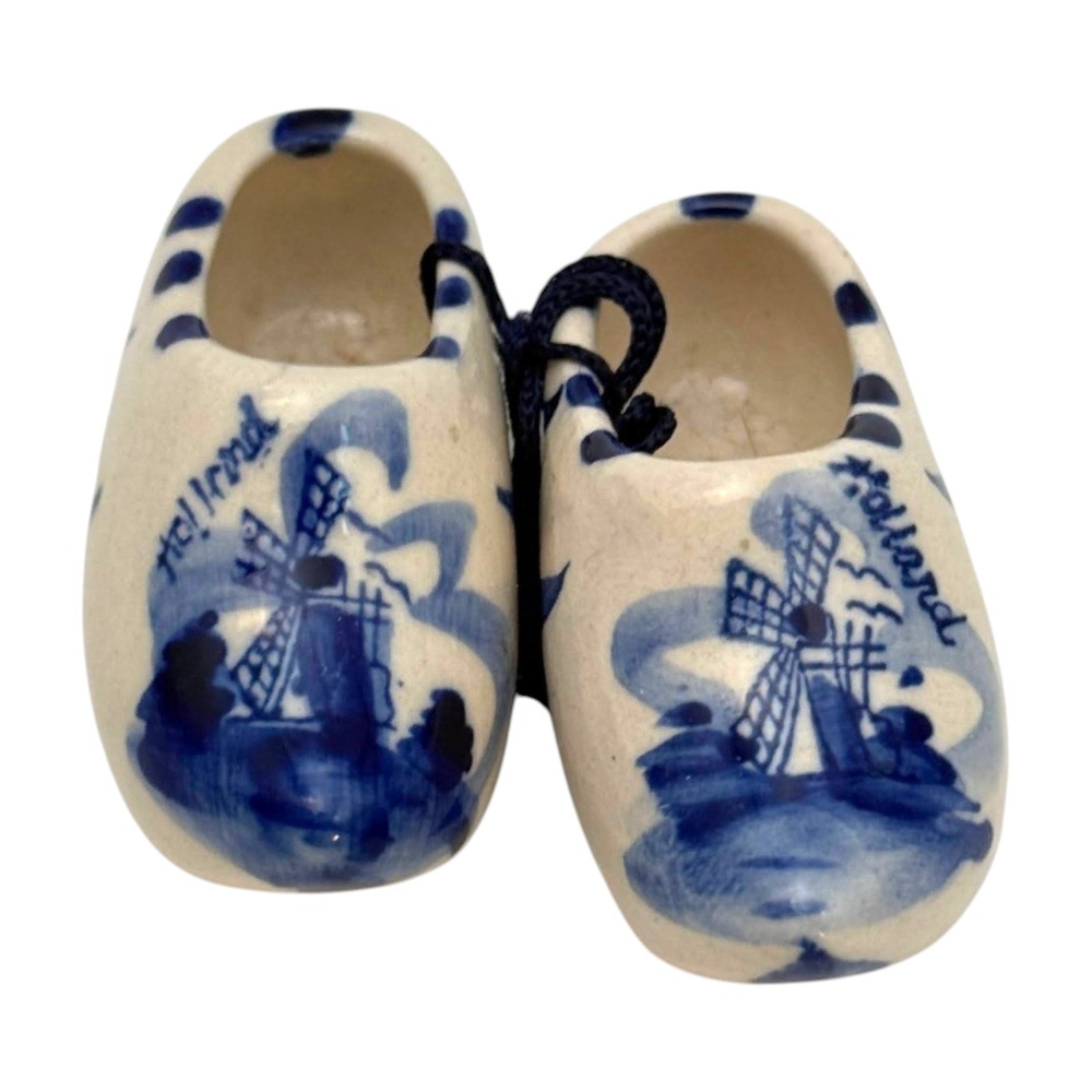 Dutch Clogs Blue White Windmill Holland Ceramic Blue Delft Hand Painted Vintage